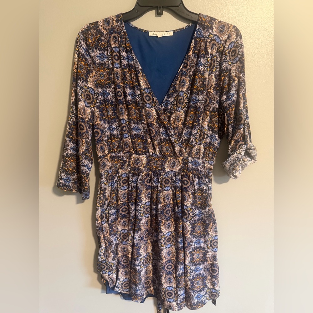 Daniel Rainn Blue Floral Paisley V-Neck Midi Dress w/ pockets side zip Sz M